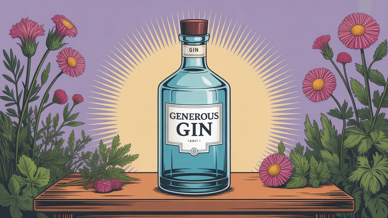 Bouteille Generous Gin éclat stylisé table bois herbes fleurs