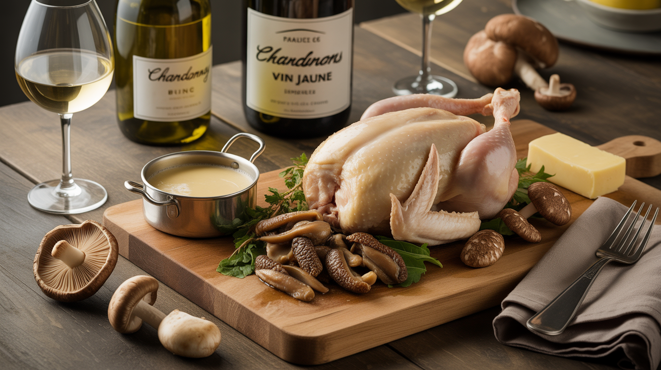 Planche poulet blanc, morilles, crème, beurre, vins blancs