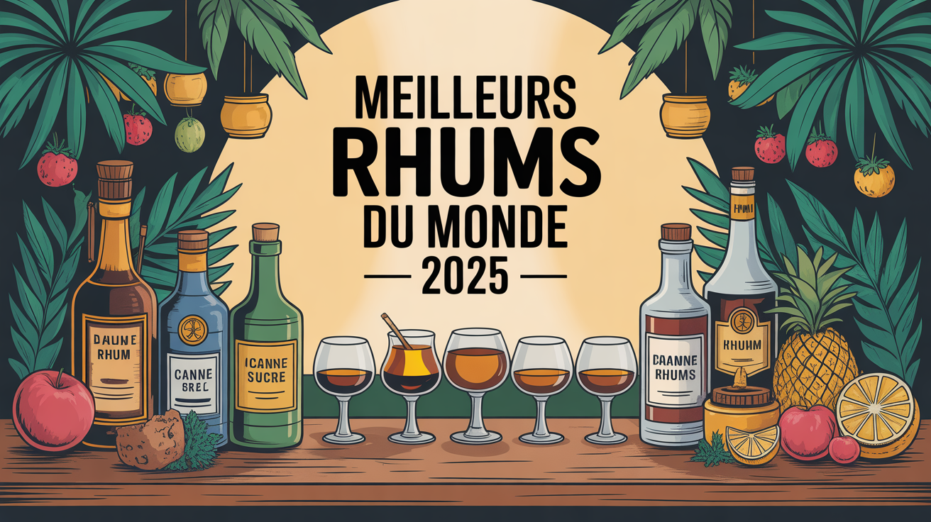table avec verres de rhum et bouteilles, meilleurs rhums du monde 2025