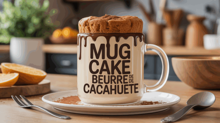 Mug cake beurre de cacahuete convivial sur table en bois