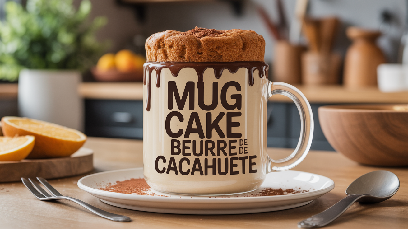 Mug cake beurre de cacahuete convivial sur table en bois