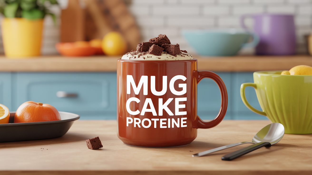 Illustration mug cake protéiné dans une cuisine familiale conviviale