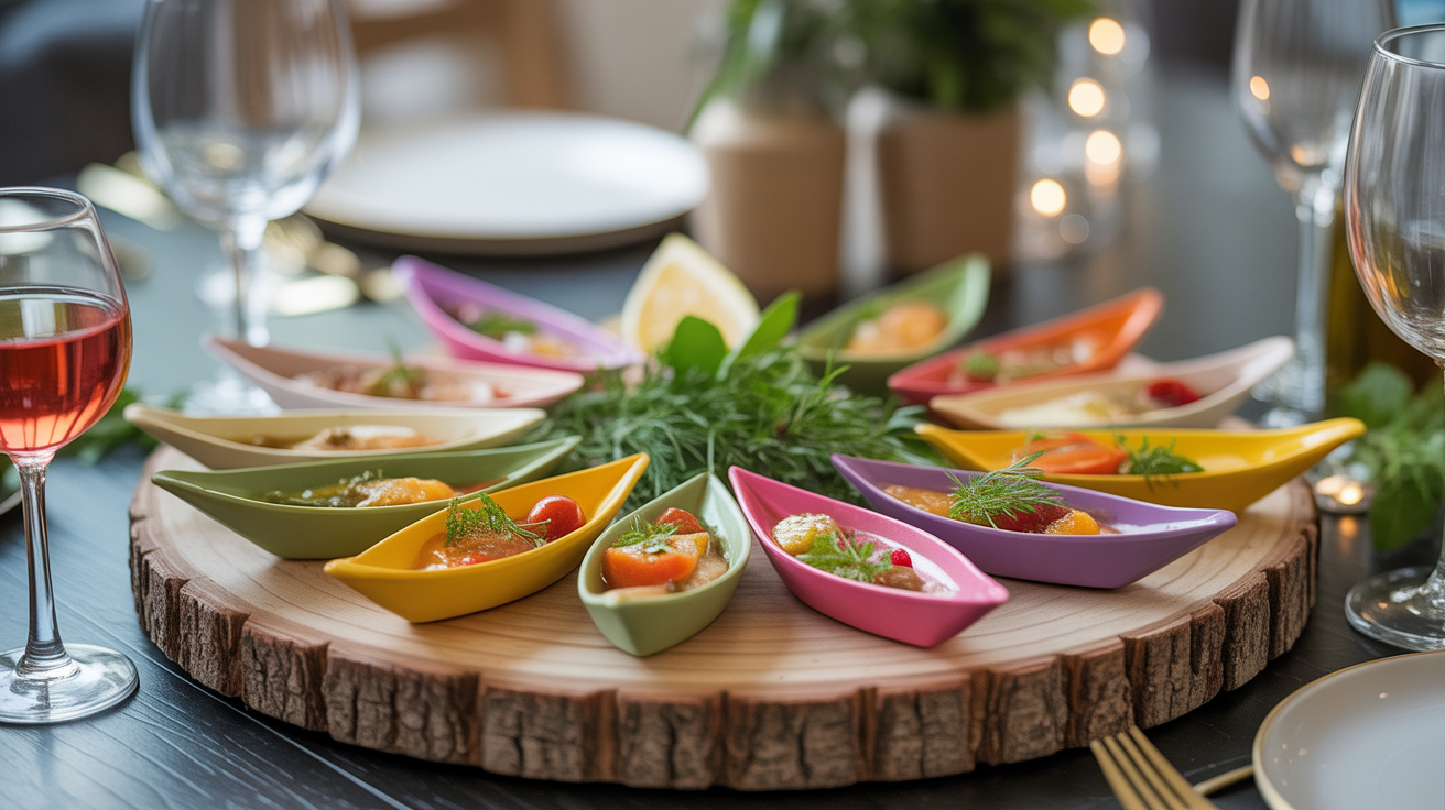 Plateau navettes apéro garnies sur bois ambiance conviviale