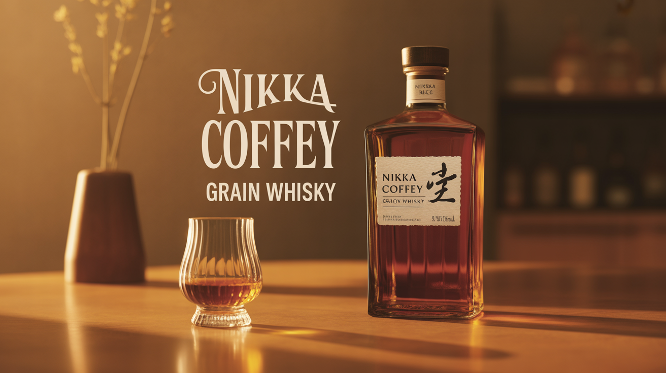 Nikka Coffey Grain Whisky bouteille sur table avec verre tulipe