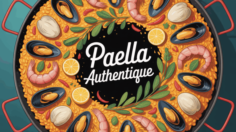 paella authentique vue dessus avec safran gambas moules poivrons citrons