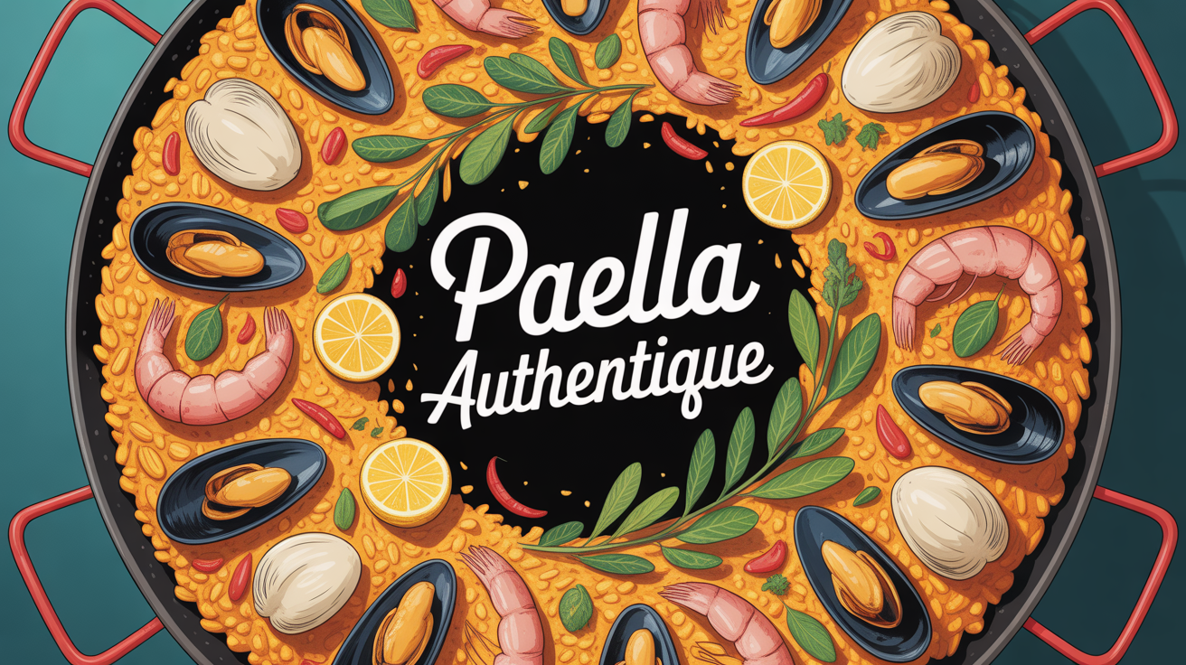 paella authentique vue dessus avec safran gambas moules poivrons citrons