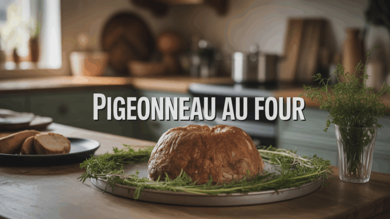 pigeonneau au four entier doré sur plat fonte avec légumes et herbes