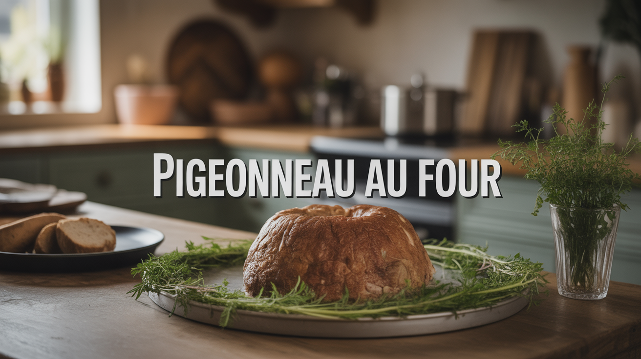 pigeonneau au four entier doré sur plat fonte avec légumes et herbes