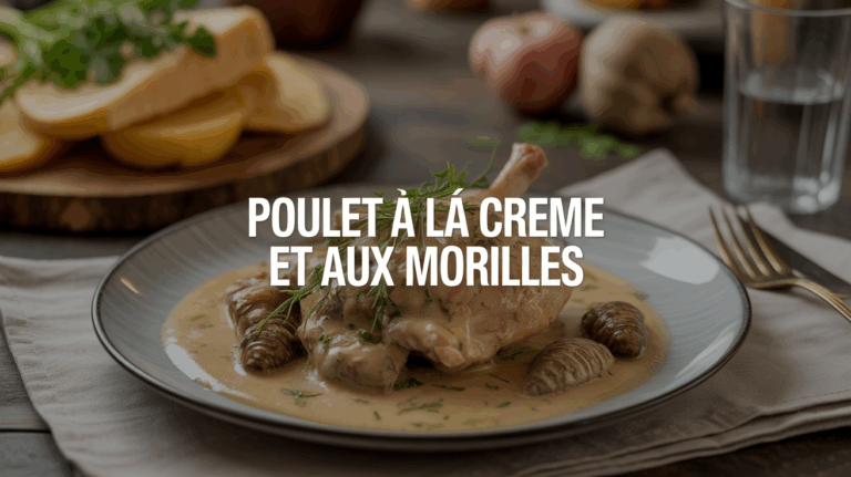 Poulet à la crème et morilles, sauce onctueuse, crêpes et herbes fraîches