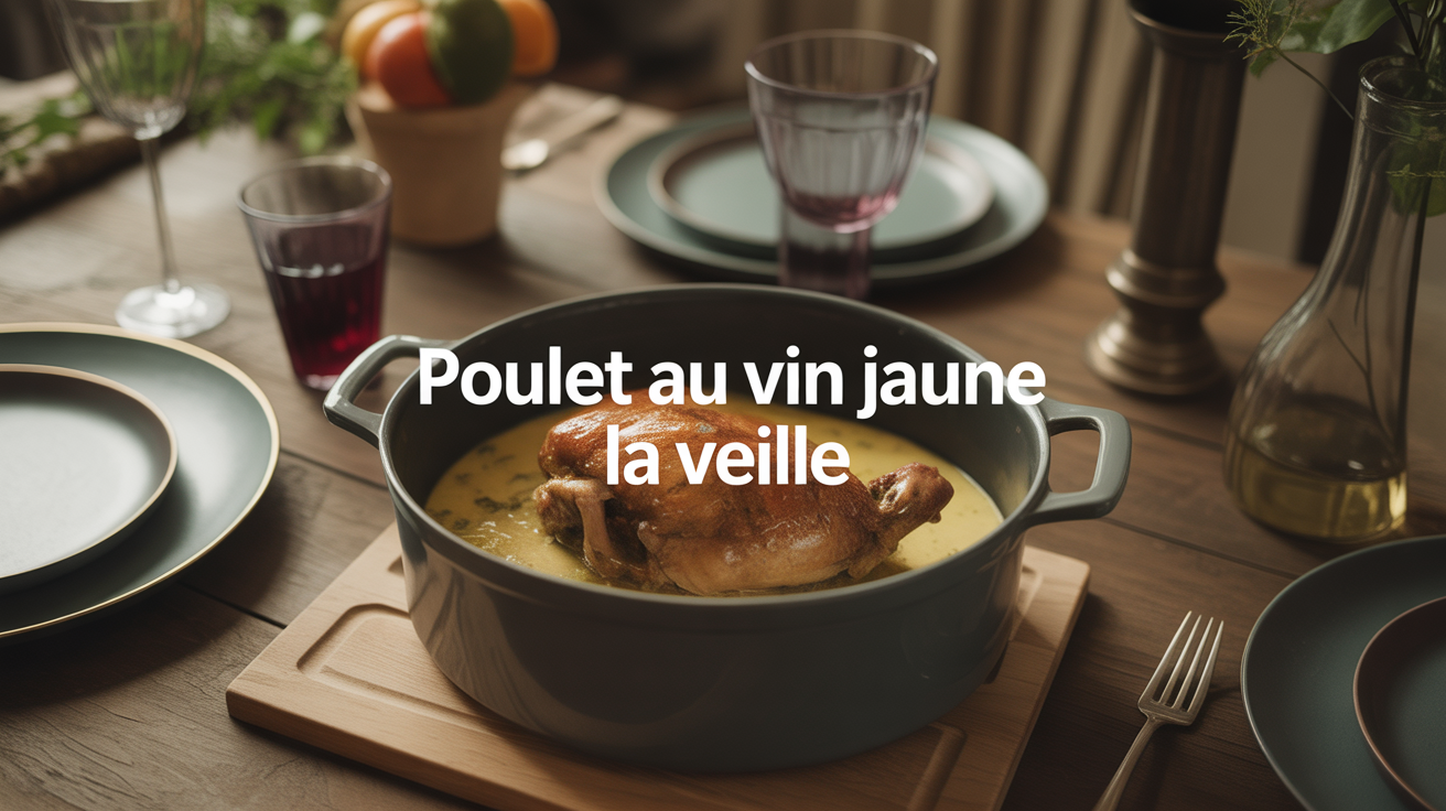 Grande table avec poulet au vin jaune la veille, morilles et sauce crémeuse
