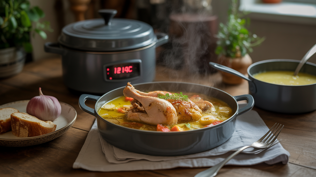 Cocotte poulet au vin jaune la veille, four et thermomètre 120-140C