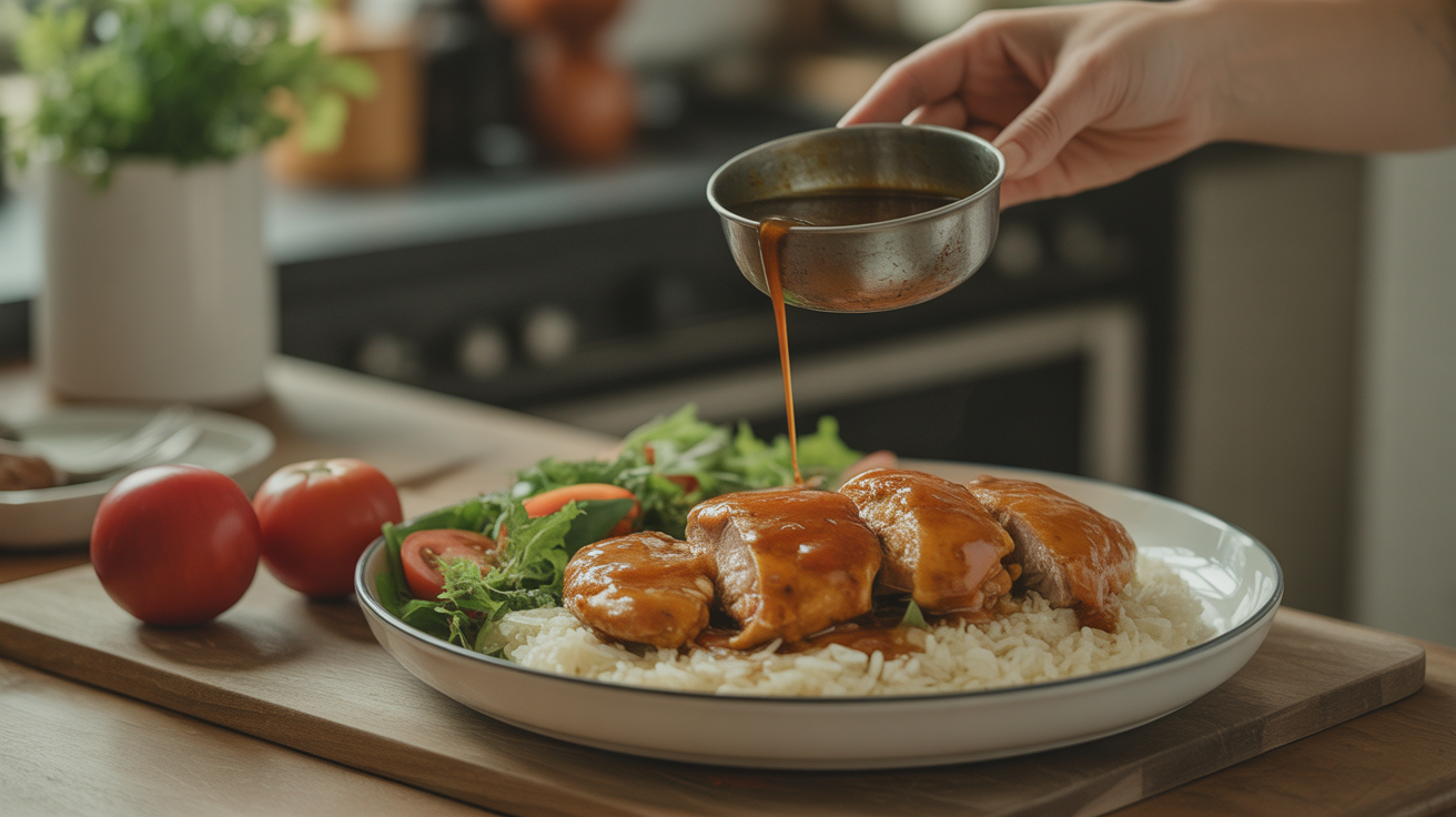 Poulet loc lac caramélisé avec riz et salade