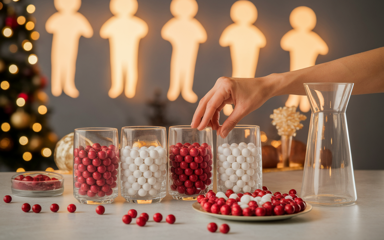 Préparation Candy Cane Spritzer, verres alignés, bonbons, lumière festive