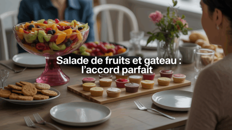 Table conviviale avec salade de fruits et gateaux moelleux