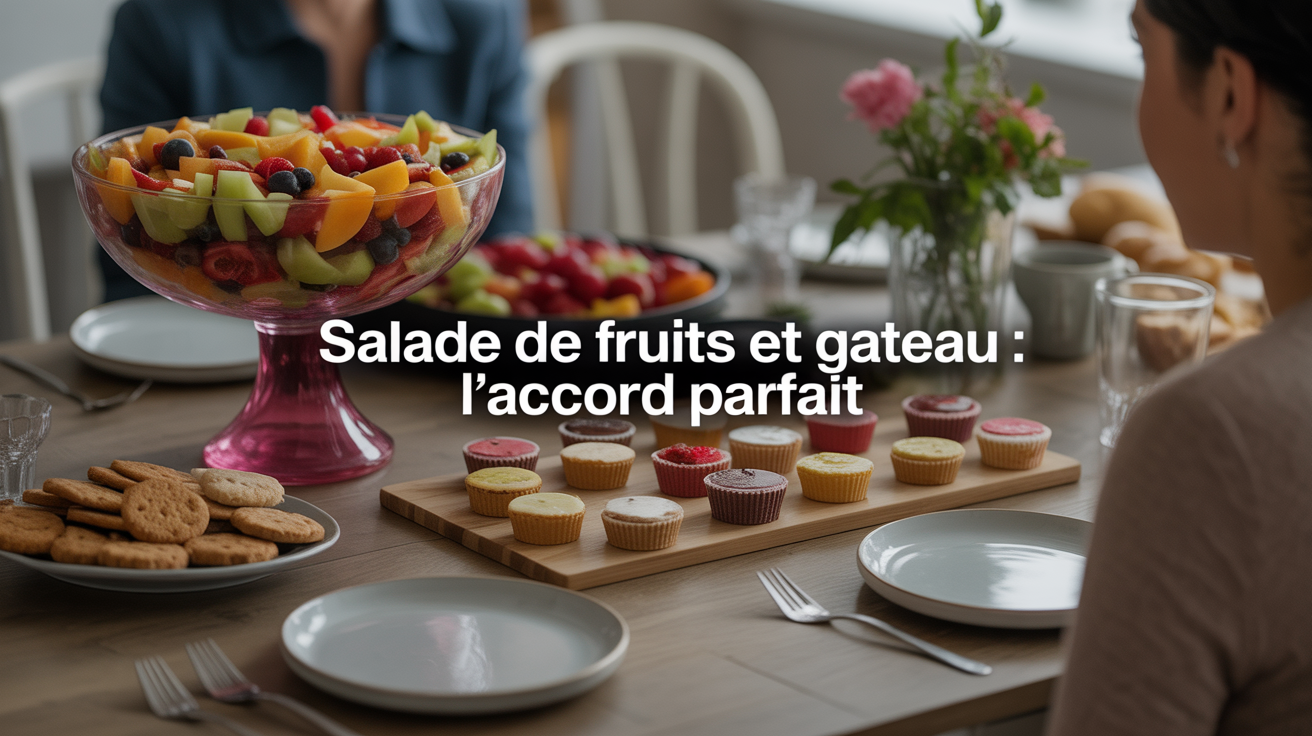 Table conviviale avec salade de fruits et gateaux moelleux