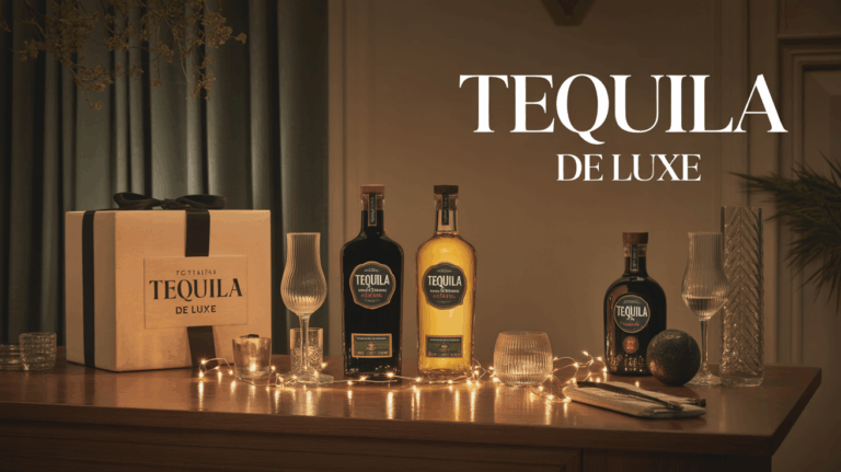 Bouteilles de tequila de luxe sur table avec coffret cadeau