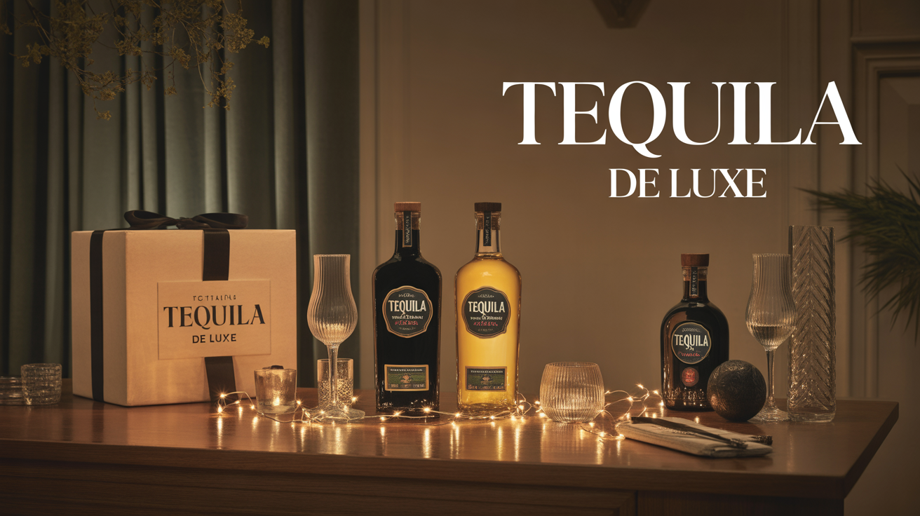 Bouteilles de tequila de luxe sur table avec coffret cadeau