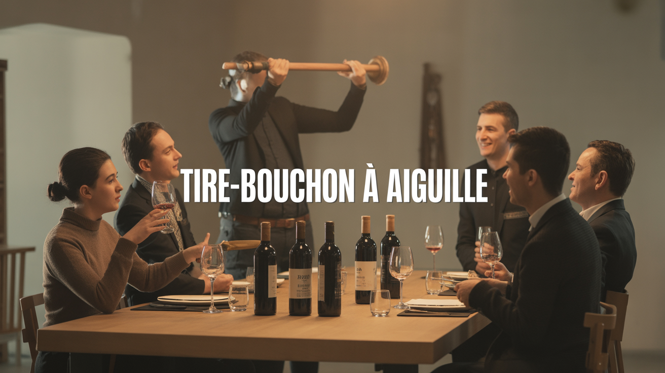 Scene conviviale tire bouchon a aiguille ouverture de bouteille