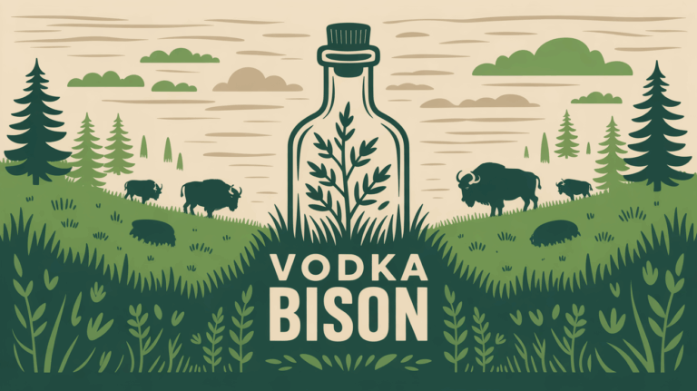 vodka bison bouteille herbe verte bisons arbres stylises