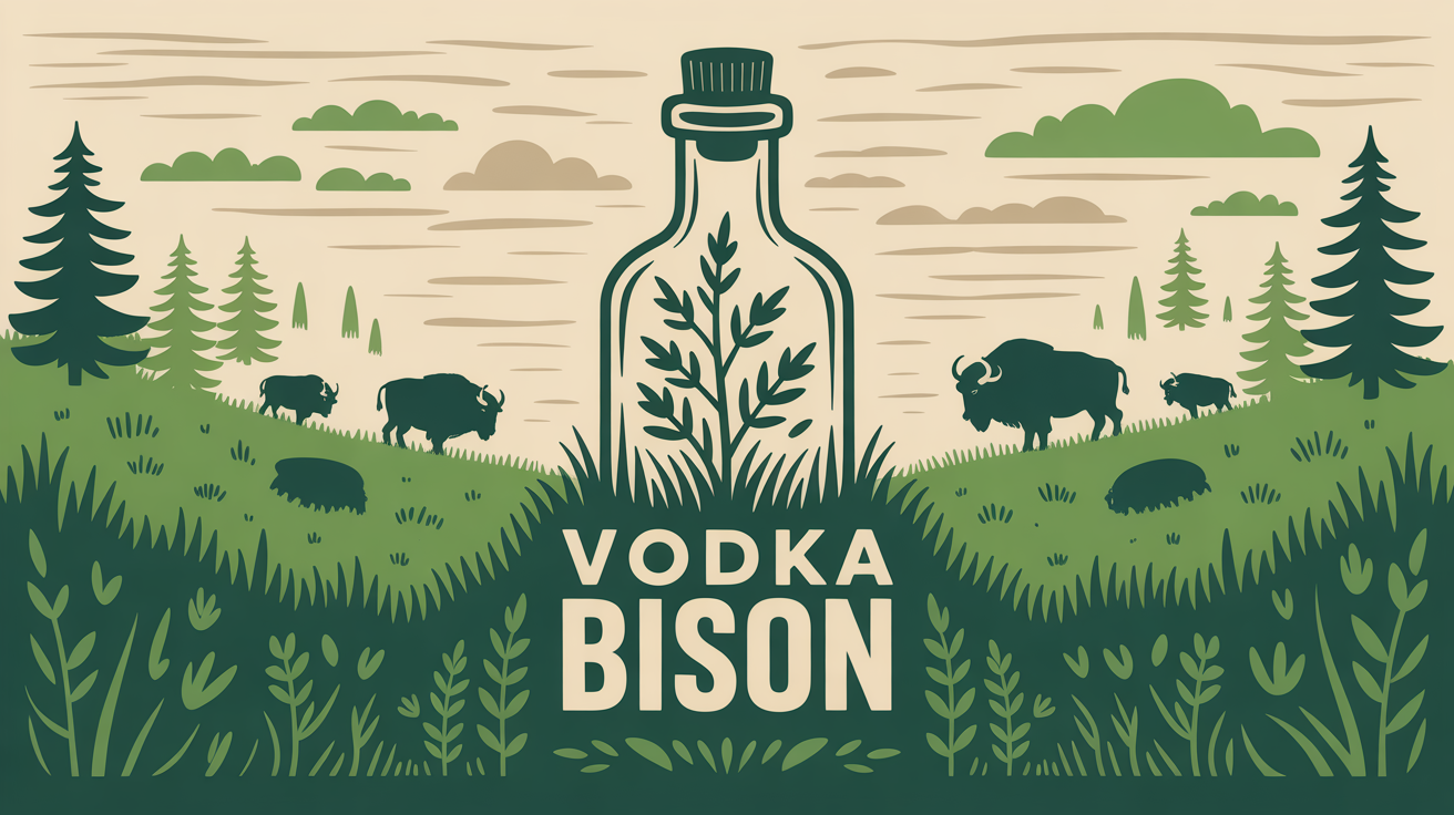 vodka bison bouteille herbe verte bisons arbres stylises