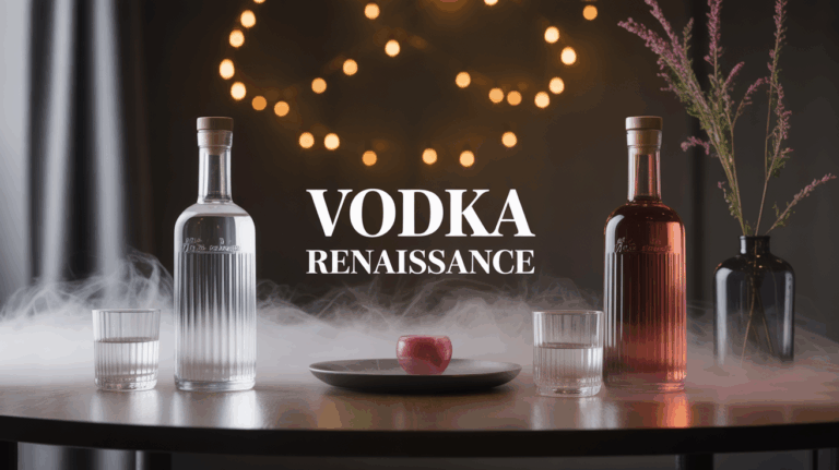 Vodka Renaissance deux bouteilles stylisées sur table sombre
