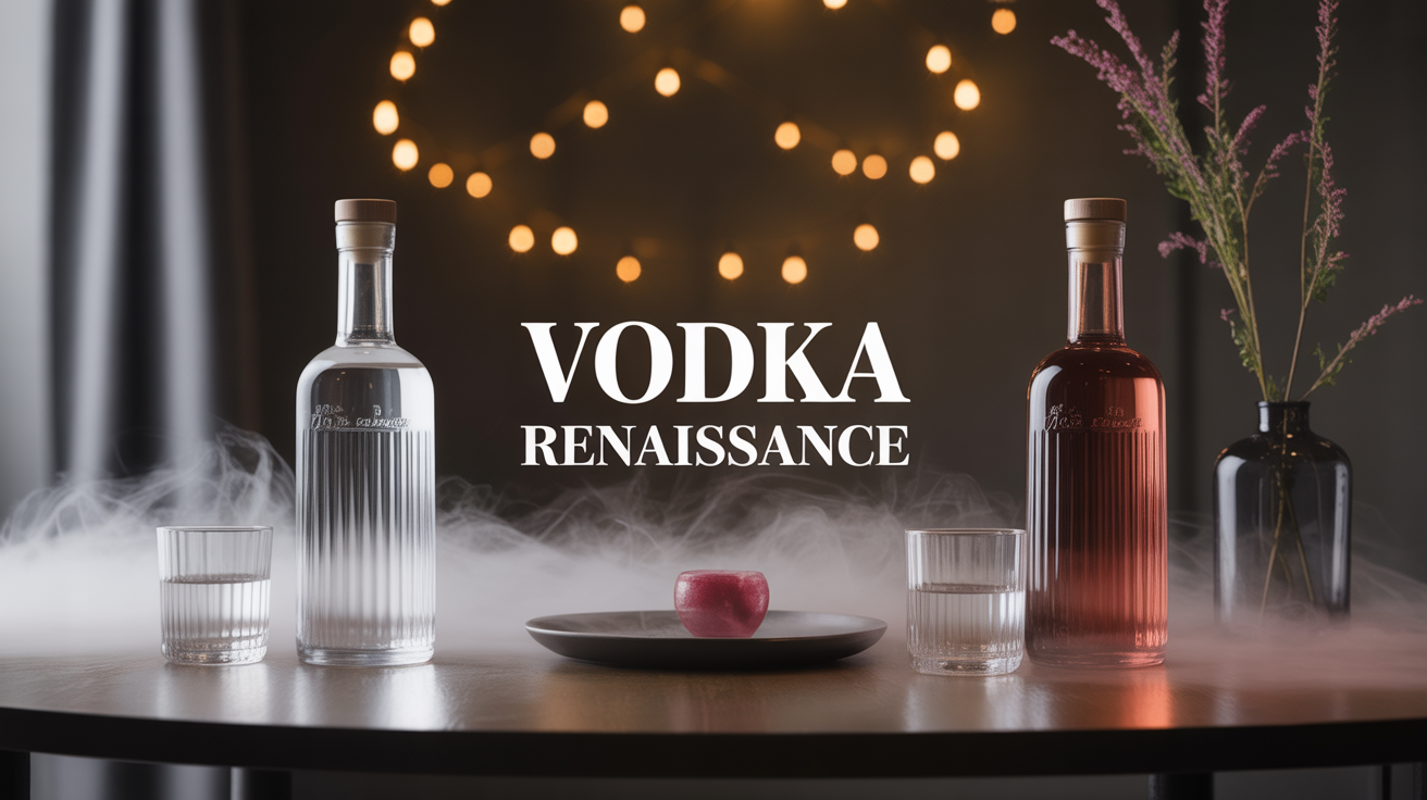 Vodka Renaissance deux bouteilles stylisées sur table sombre