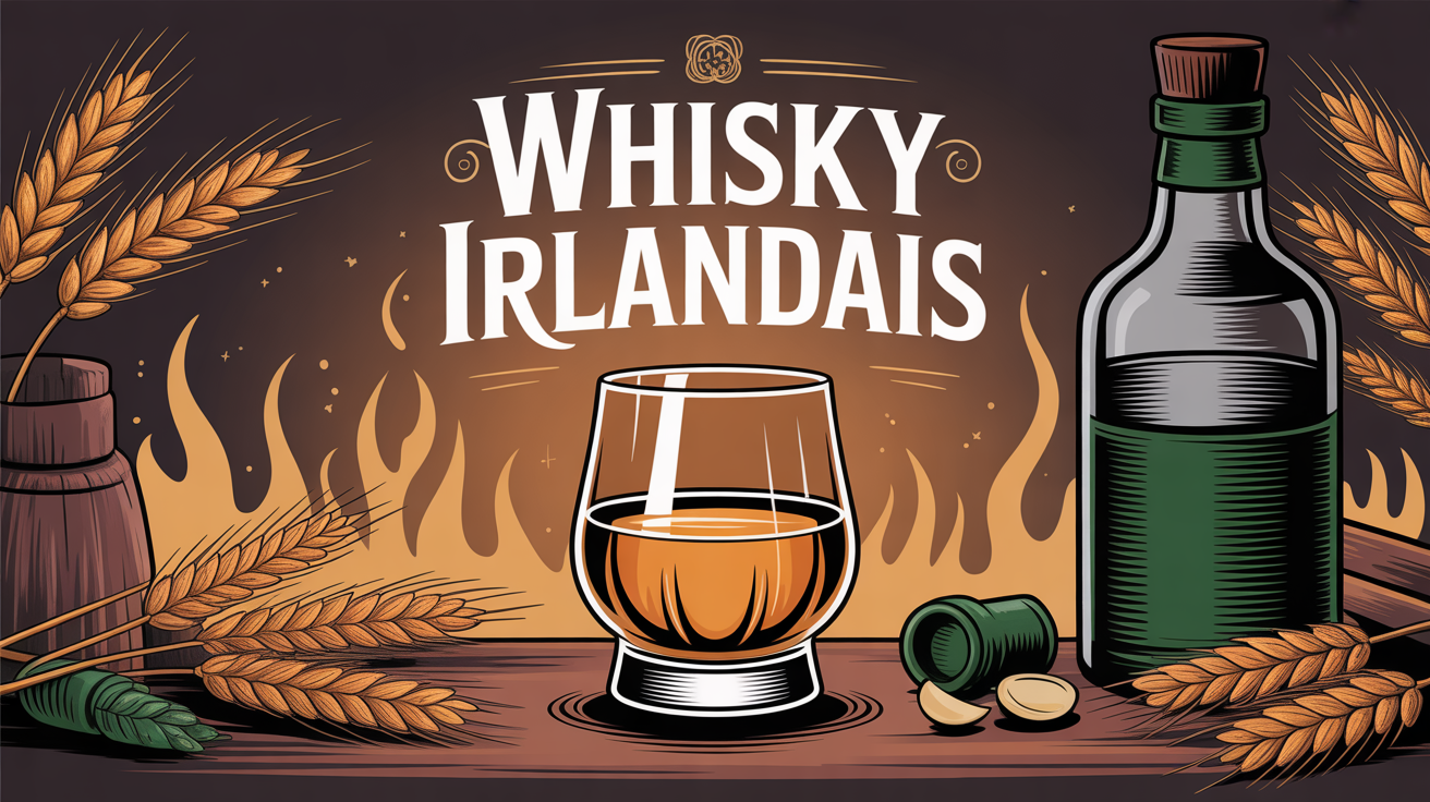 illustration whisky irlandais verre bouteille cereales ambiance chaleureuse