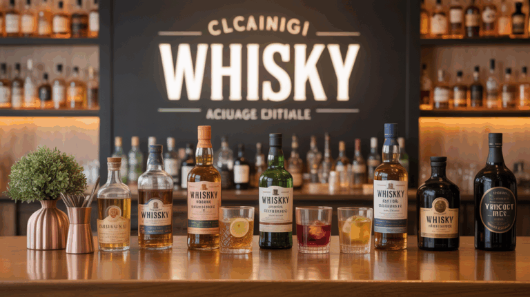 Bouteilles de whisky et verres à cocktail sur table de bar