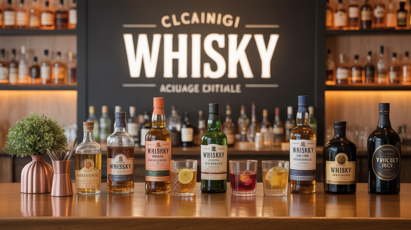 Bouteilles de whisky et verres à cocktail sur table de bar