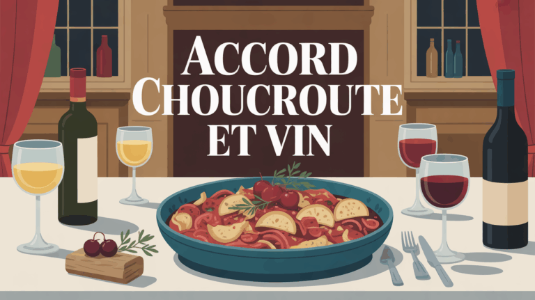 Choucroute garnie avec verres de vin blanc et rouge sur grande table
