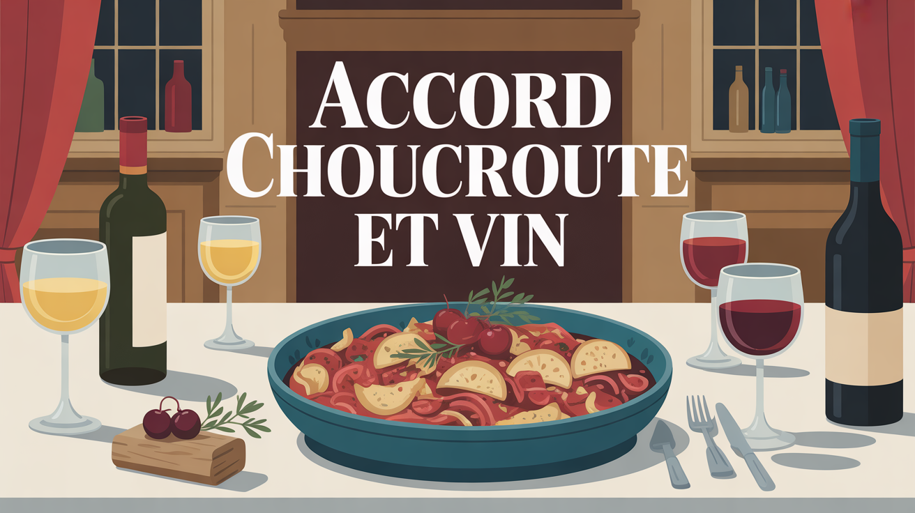 Choucroute garnie avec verres de vin blanc et rouge sur grande table