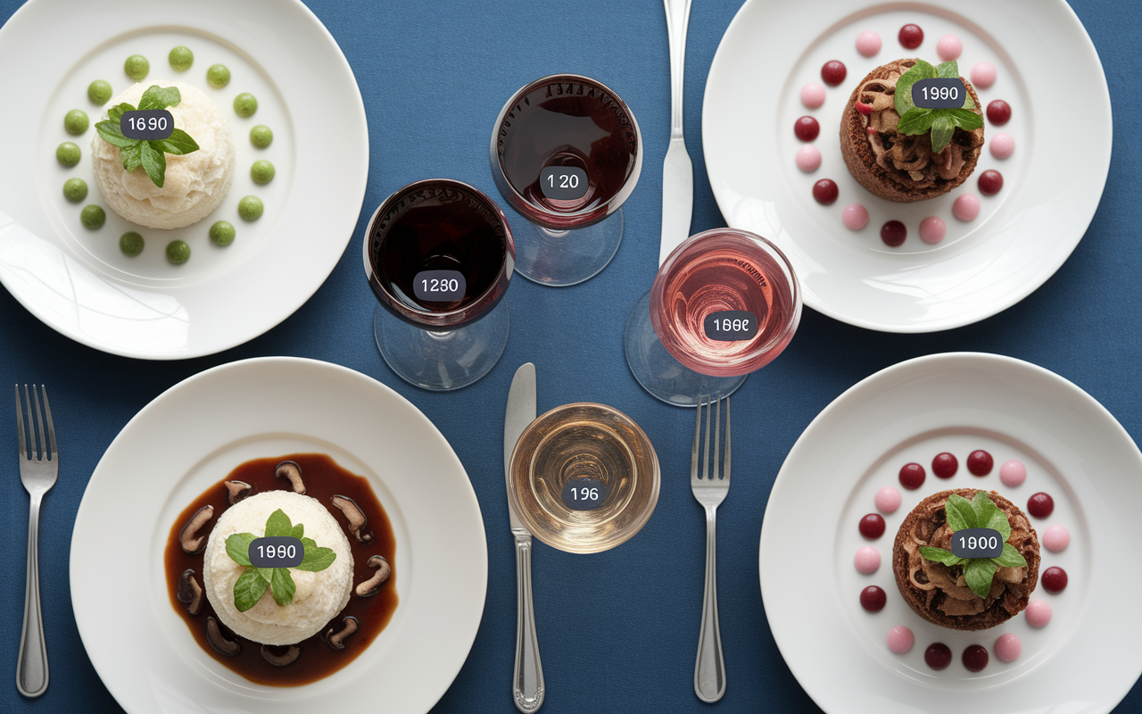 quatre styles de ris de veau avec vins differents sur assiette