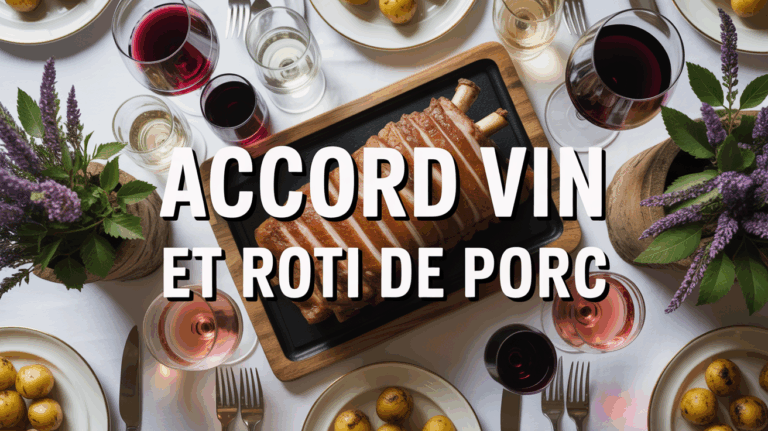 Table avec rôti de porc, vin rouge, blanc et rosé