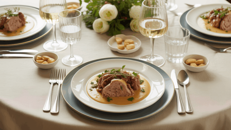 Blanquette de veau sauce crème et vin blanc sur table de fête