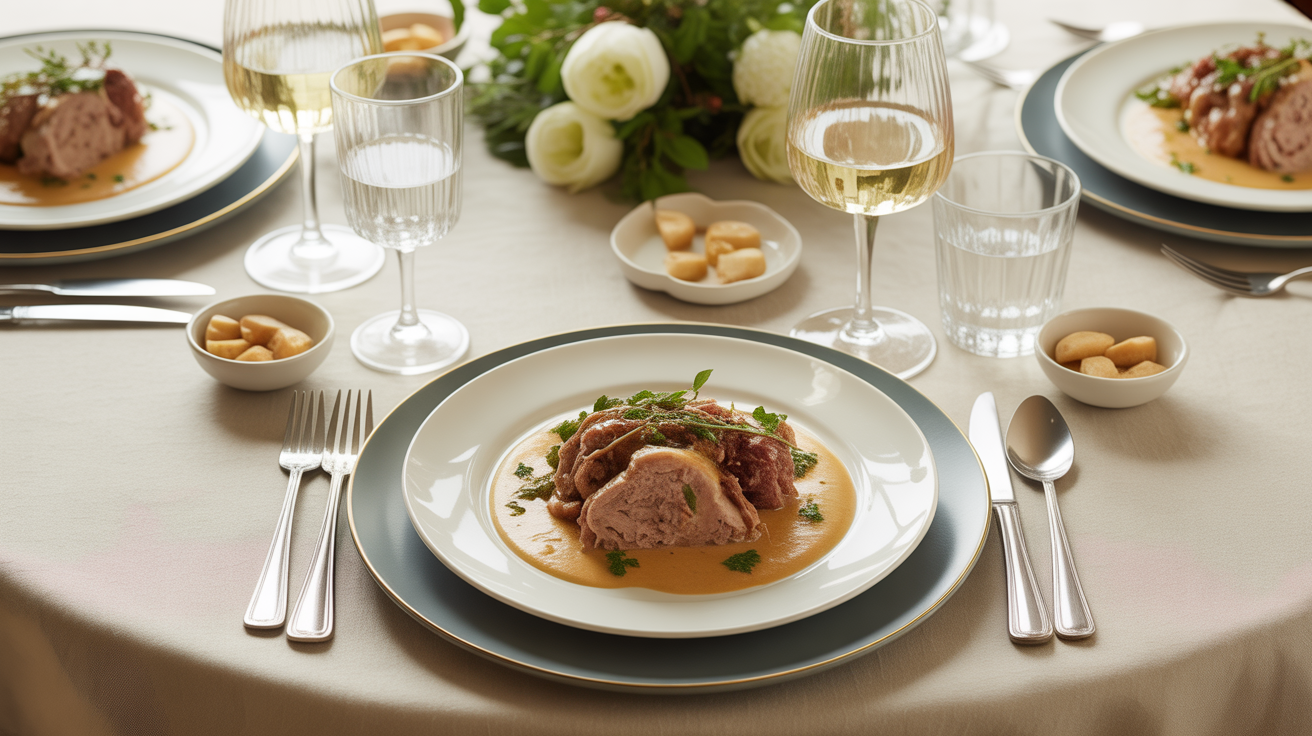 Blanquette de veau sauce crème et vin blanc sur table de fête