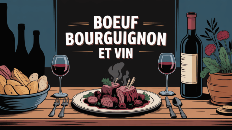 Boeuf bourguignon sur table rustique avec vin rouge