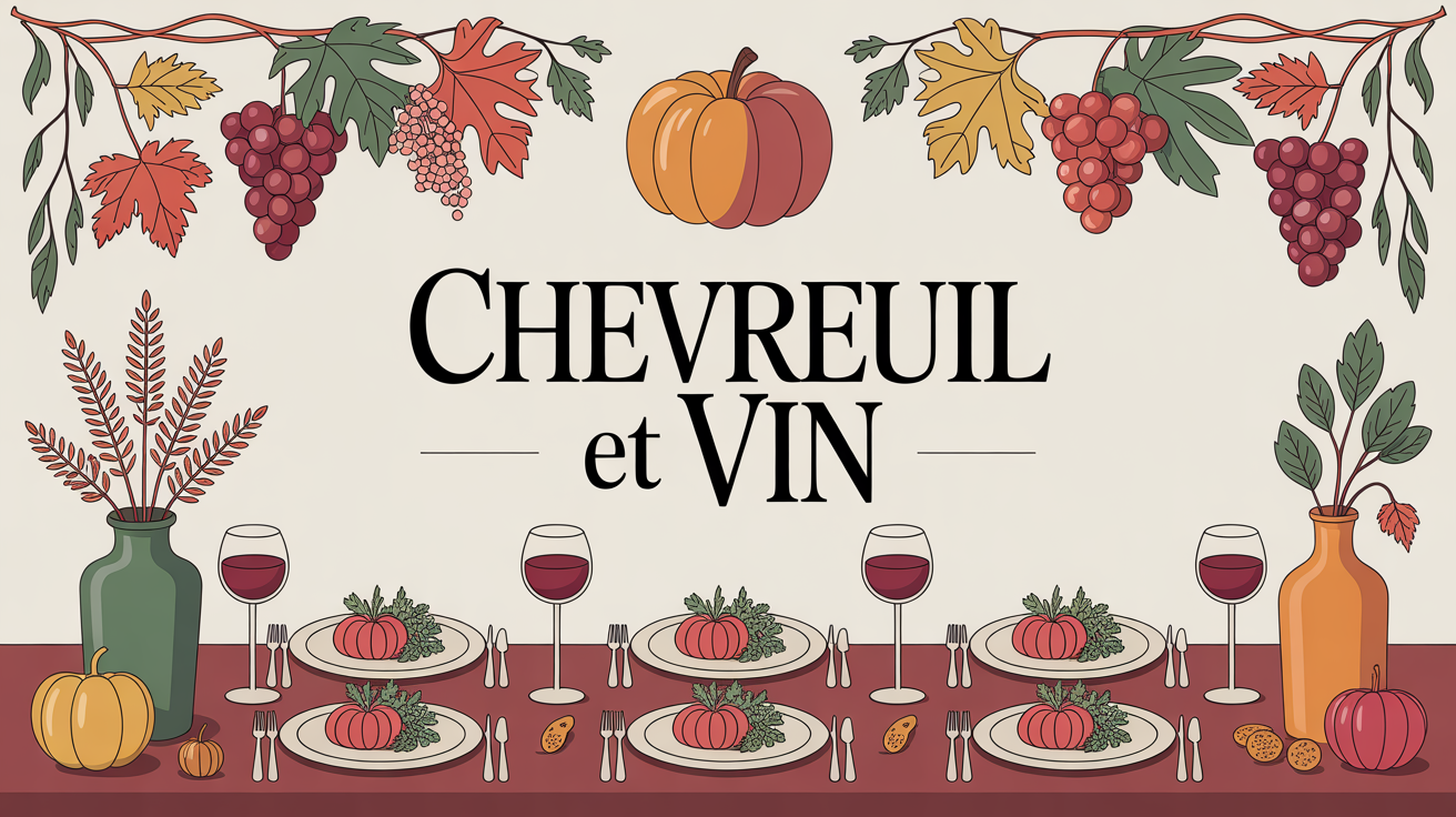 Table automnale avec plats de chevreuil et verres de vin rouge