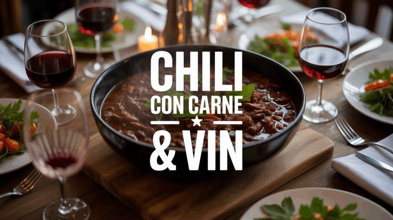 table conviviale avec chili con carne, verres de vin rouge