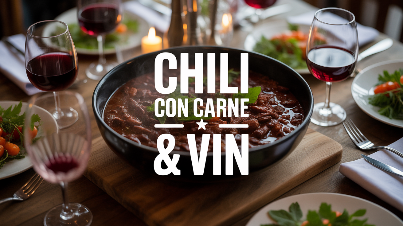 table conviviale avec chili con carne, verres de vin rouge