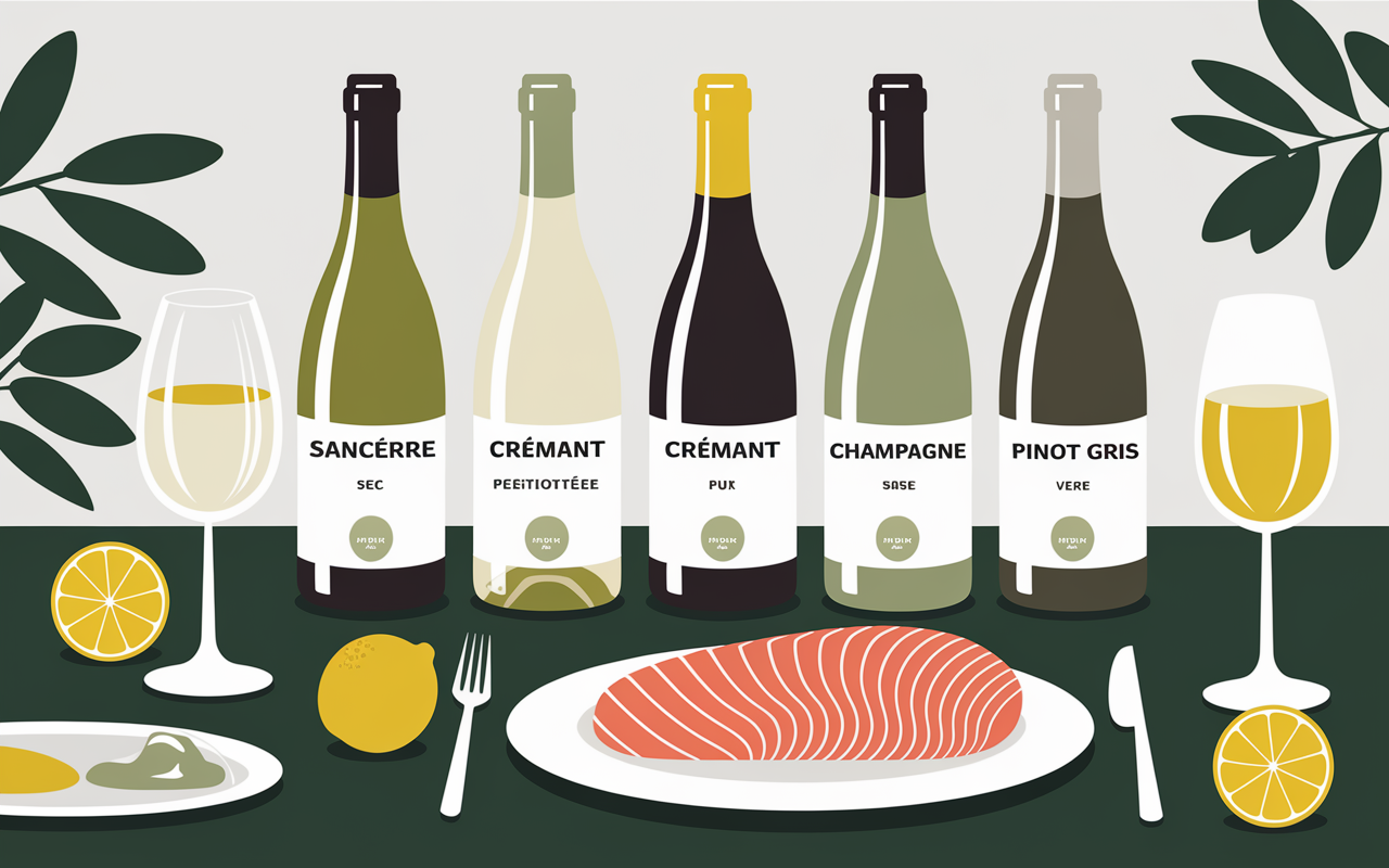 bouteilles de vin blanc sec avec toasts saumon fume sur table