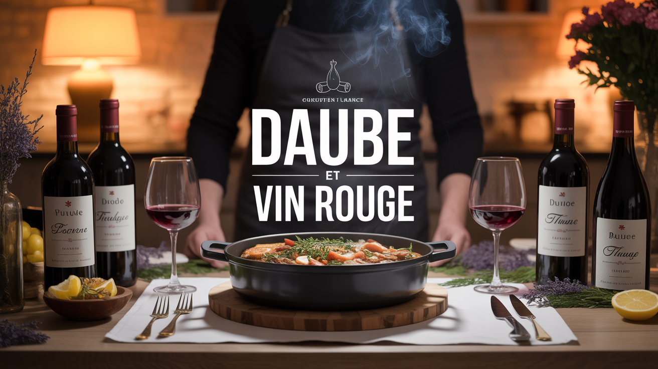 Grande cocotte daube entourée de vin rouge, lumière hiver