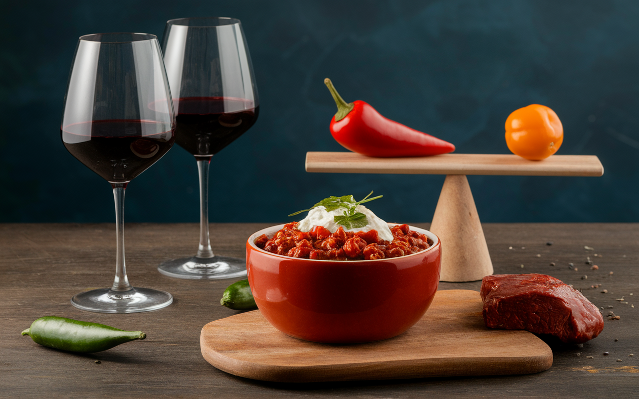 verres vin rouge et chili con carne entre epices et douceur