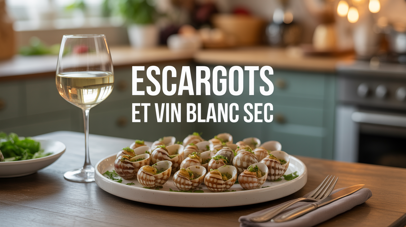Escargots au beurre persillé avec verre de vin blanc sec sur une table chaleureuse