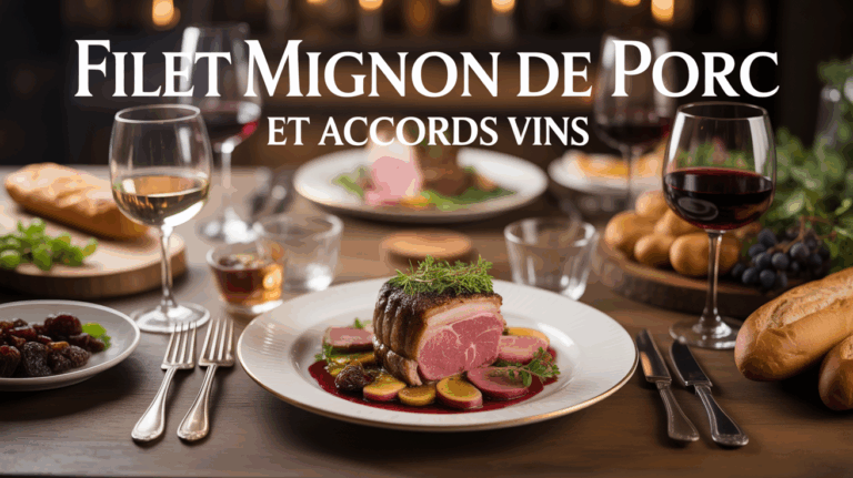Filet mignon de porc doré sur table, verres de vin blanc et rouge, ambiance conviviale