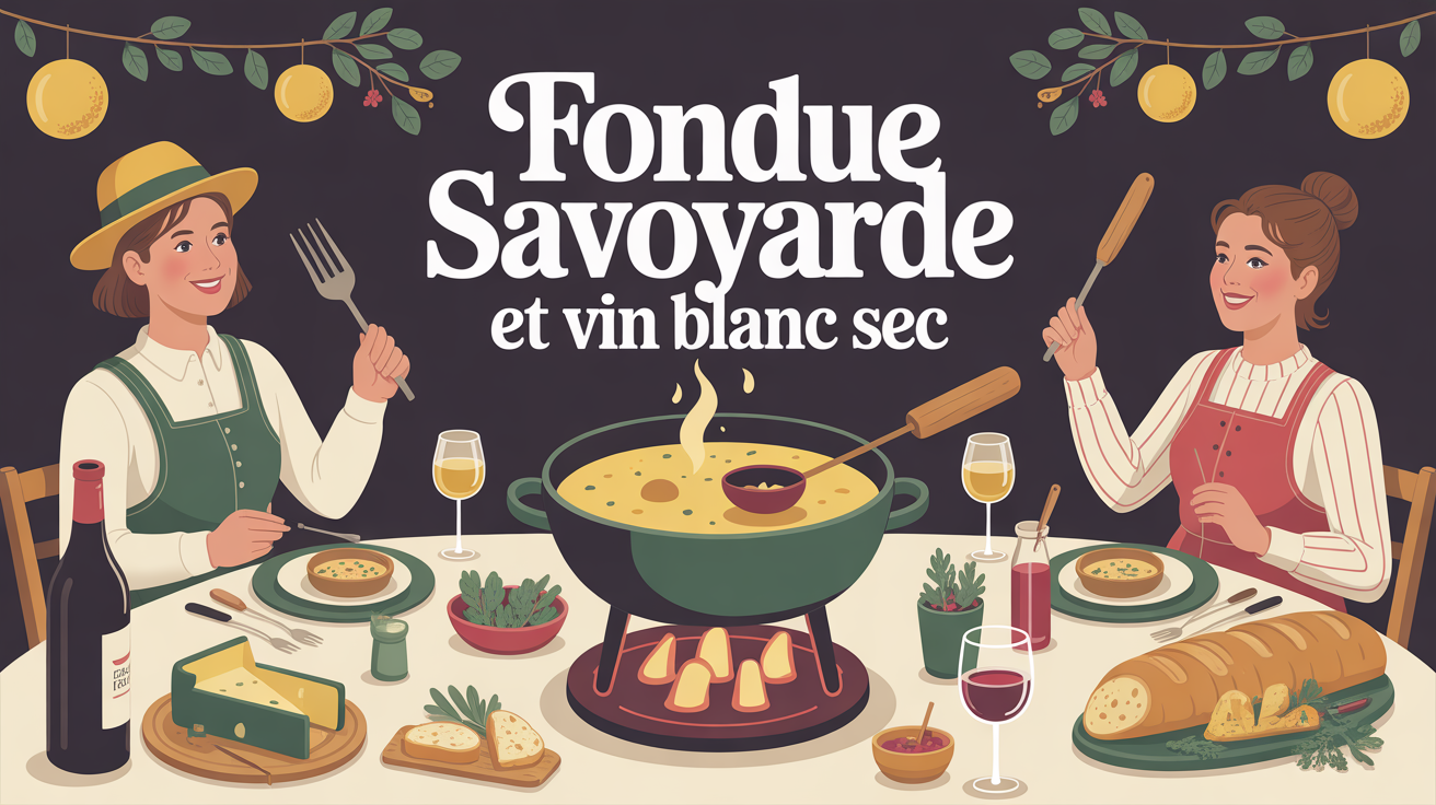 Fondue savoyarde bouillonnante avec vin blanc sec, ambiance fête alpine