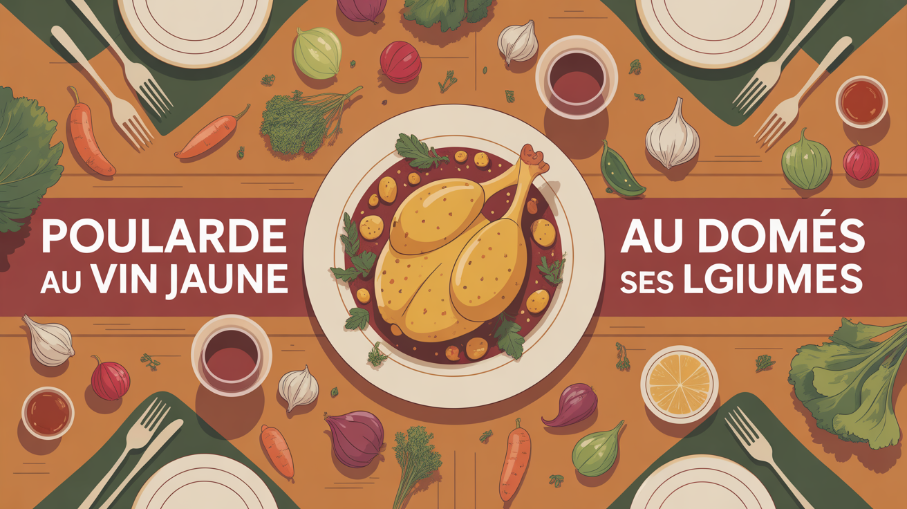 Grande table festive avec poularde au vin jaune et légumes variés