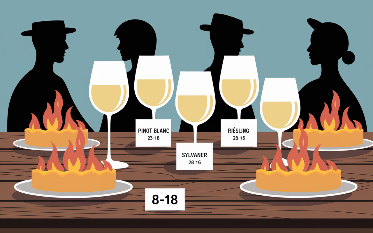 Verres de vin d'Alsace Pinot blanc Sylvaner Riesling avec tarte flambee