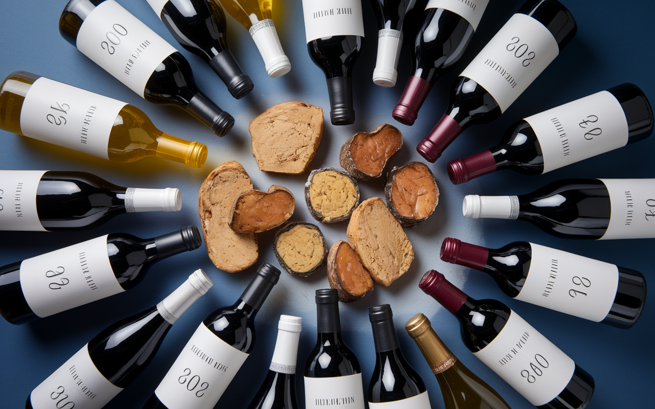 différents styles de foie gras entourés de vins blancs rouges effervescents, prix visibles