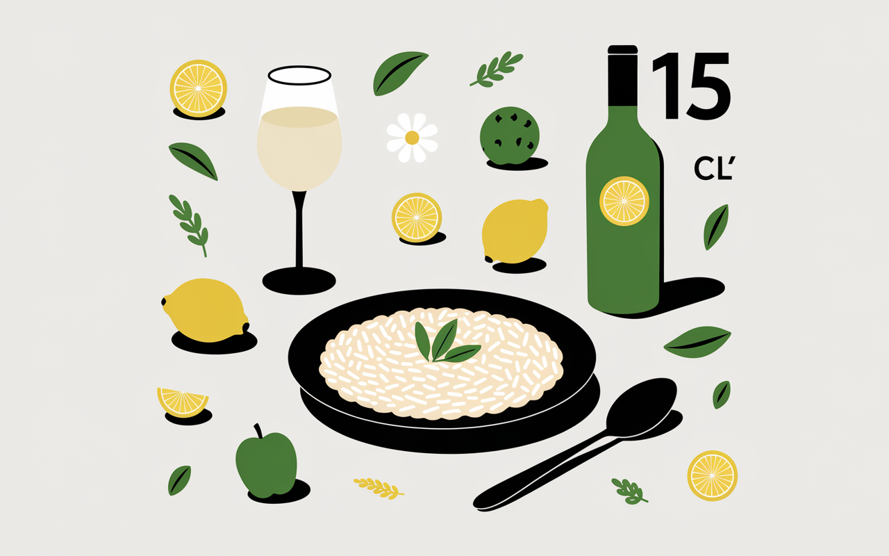 Vin blanc sec et risotto avec pictogrammes aromatiques