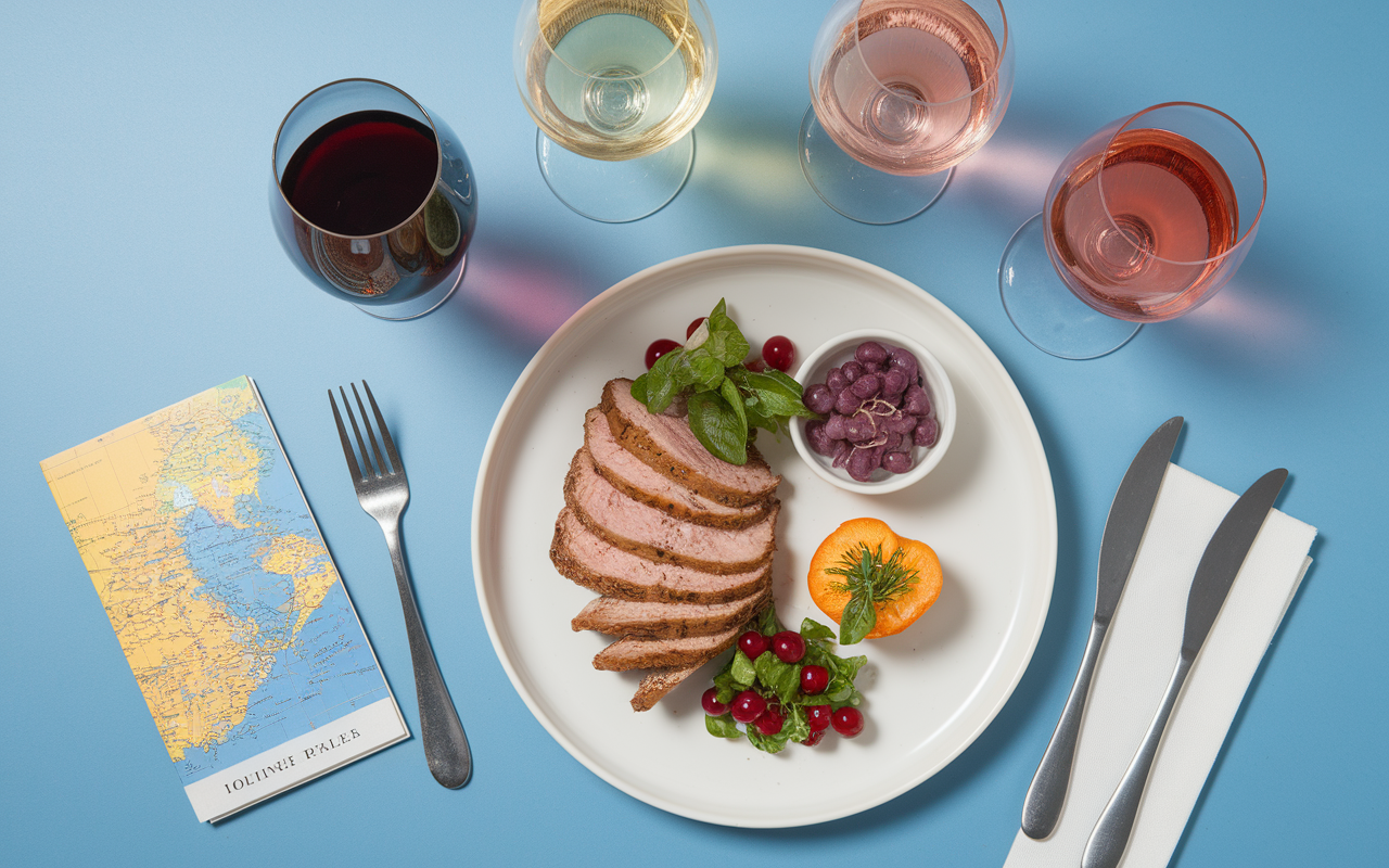 Assiette magret de canard Sud-Ouest et trois types de vin